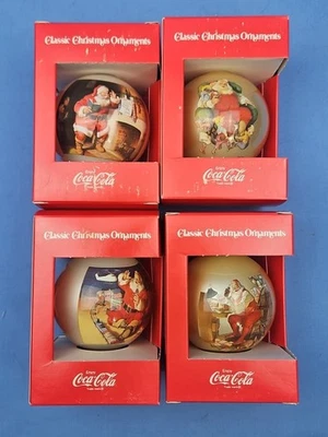 SET OF 4 CLASSIC COCA-COLA BALL SANTA CHRISTMAS ORNAMENTS CORNING GLASS COKE NEW - Image 1 of 4