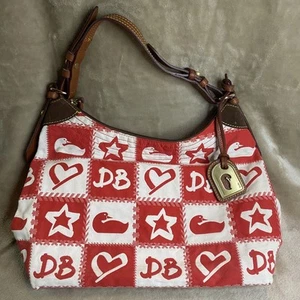 Dooney & Bourke Hobo Shoulder Bag Ducks Hearts Stars Purse Red White Logo Canvas - Picture 1 of 12