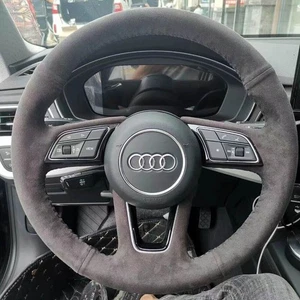 Black Suede Leather Steering Wheel Hand Sewing Wrap Cover Fit For Audi A3 A4 A5 - Picture 1 of 9