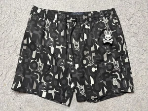 Psycho Bunny Swim Shorts Mens Large Black Gray Logo Print Drawstring Trunks Mesh - Picture 1 of 13