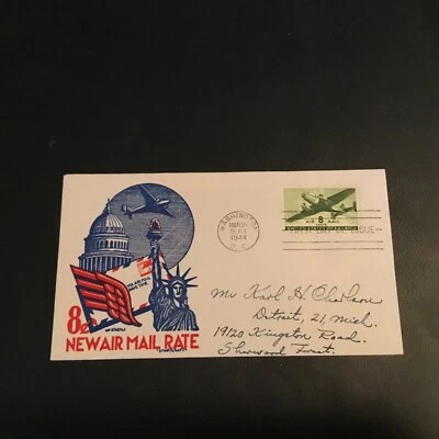 FDC 1944 #C26-22 STAEHLE CACHET NEW AIR MAIL RATE 8 CENT STAMP USA  - Image 1 of 2