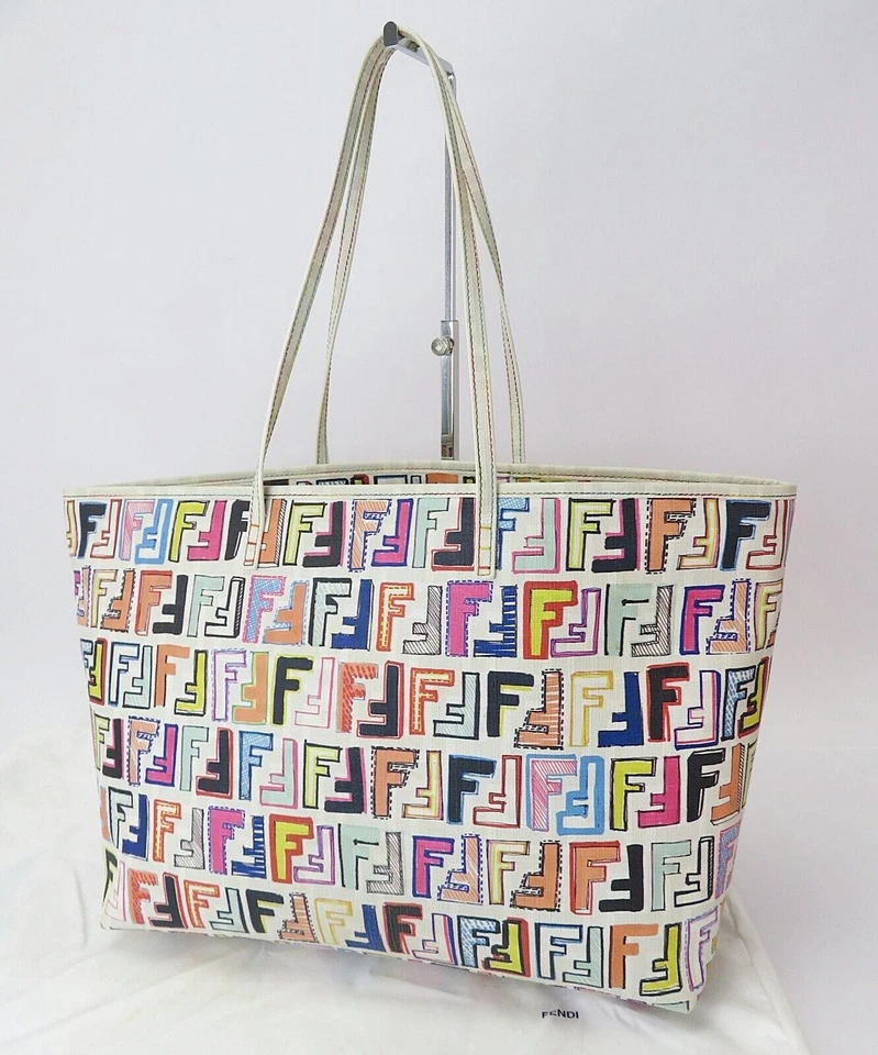 Authentic FENDI White and Multicoors PVC Canvas Tote Bag Purse #60238 - Image 1 of 4
