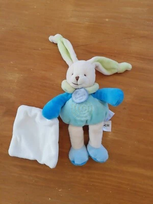 Doudou Et Compagnie Lapin Pantin Boîte Fleur Bleu Vert Mouchoir Blanc Spirale - Photo 1/3