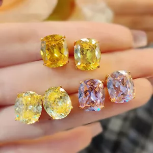 New 12mm Ice Flower Cut High Carbon Yellow Citrine Gems Women Gold Stud Earring - Picture 1 of 10