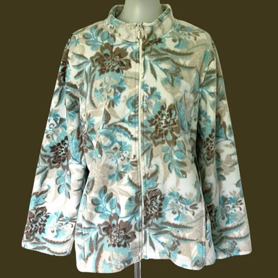 Alfred Dunner Fleece Jacket Soft Floral Print Full Zip Pockets 2X Blue Brown - Image 1 of 4