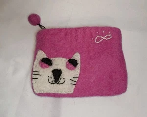 NEW Handmade Felted 100% Wool Cat Coin Purse Pink Lined with Zipper Gift  - Picture 1 of 5