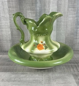 Vintage IRONSTONE großer grüner 12" Blumen Wasserkrug & 16" Becken Schüssel *LESEN* - Bild 1 von 12