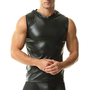 Sexy Camiseta sin mangas con capucha de aspecto húmedo de cuero sintético para hombre Prendas para club nocturno - Imagen 1 de 19