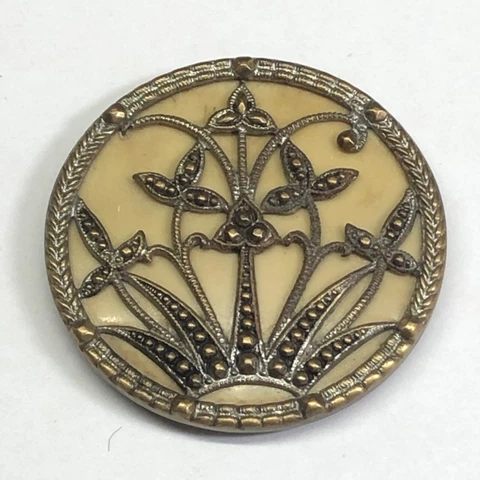 Celluloid Button, Sheet Celluloid Background, Turn Metal Flower Design, NBS Lg Cover