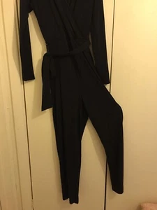 Ladies size L Long Sleeve black playsuit Crossover Front, Tie Up Belt H&M VGC - Picture 1 of 10