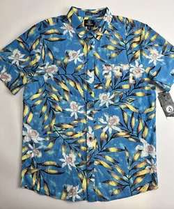 New Volcom Men’s Button Down Shirt Short Sleeve Size XL Blue Flower Print - Picture 1 of 9