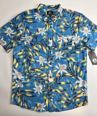New Volcom Men’s Button Down Shirt Short Sleeve Size XL Blue Flower Print - Image 1 of 4
