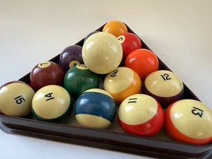 Vintage ARAMITH POOL BALLS 2-1/4" Full Set Made in BELGIAN With Cue - Picture 1 of 7