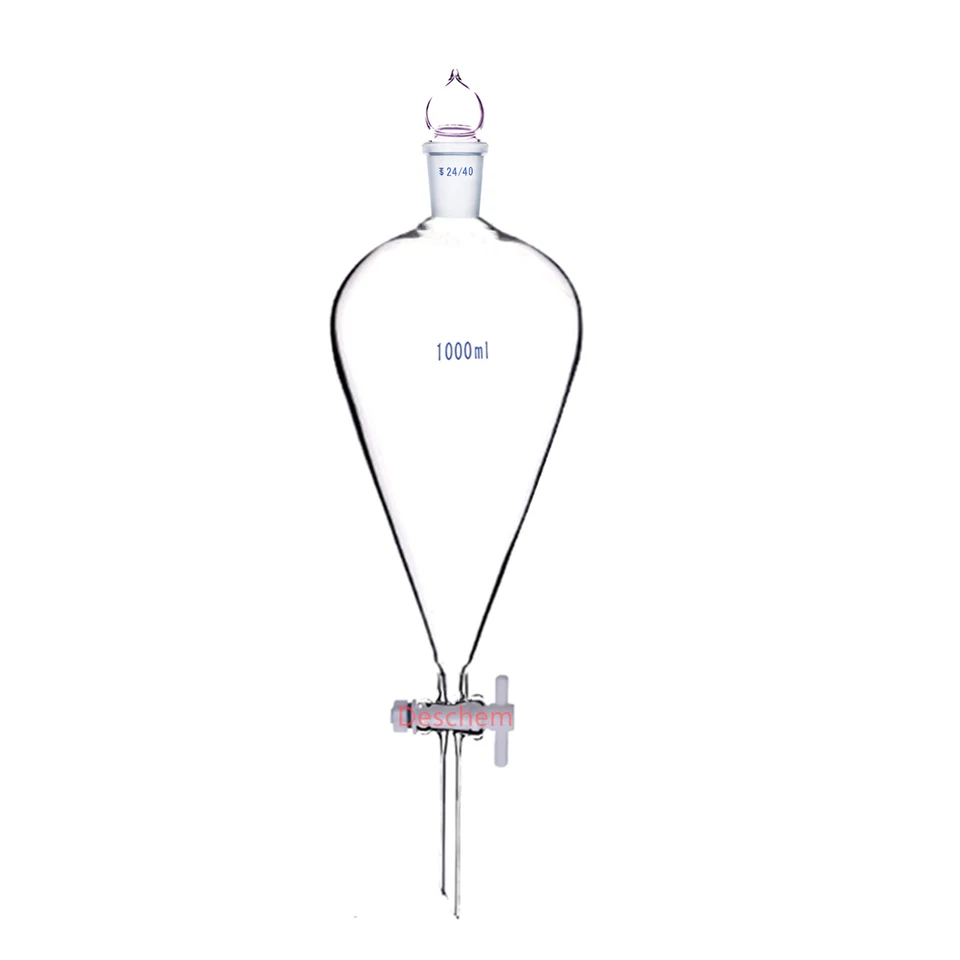 1000ml 24/40 Lab Pyriform Separatory Funnel Pear Shape Drop Tube W/PTFE Stopcock - Image 1 of 1