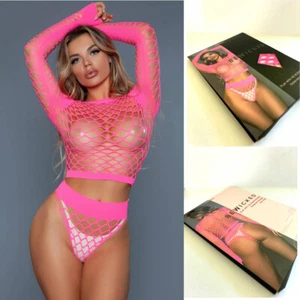 NWT Be Wicked sexy "Play with me" 2-piece fishnet lingerie set, Neon Pink - Picture 1 of 6