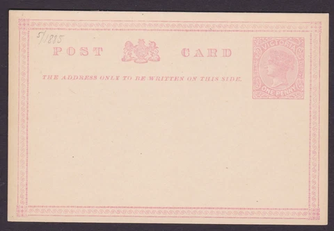 VICTORIA EARLY 1885 1D PINK QV STAMP DUTY POSTCARD MINT UNUSED (NG62) Cover