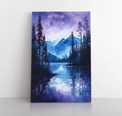 Watercolor Mountain Lake Landscape Painting | Nature Wilderness Trees Cabin Art - Image 1 of 4