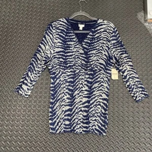 Nueva Blusa Top Coldwater Creek Azul Marino Rayas Cebra Cuello en V 3/4 Para Mujer PL - Imagen 1 de 10