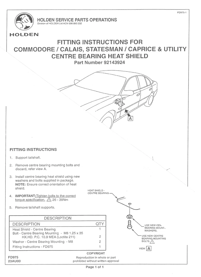 VT COMMODORE 08/00 HOLDEN FITTING INSTRUCTIONS TOWBAR HEAT SHIELD CENTRE BEARING - image 1 of 1