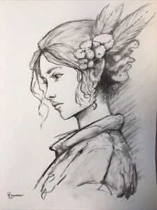 Original Charcoal And Graphite Sketch, 9x12 Inches, Woman With Feathers - Picture 1 of 6