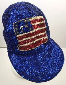 Blue Sequin American Flag Woman's Hat Ball Cap Stretch Stretch to Fit - Picture 1 of 10