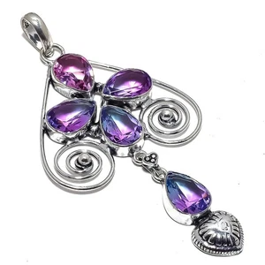 Bi-Color Tourmaline Gemstone 925 Sterling Silver Pendant 3.5" m749 - Picture 1 of 7