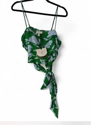 Kate Spade Top Womens Medium Green Blue Floral Tie Front Smocked Linen Blend - Image 1 of 3