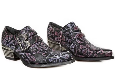 NEW ROCK 7960-S8 EMBOSSED  Black Leather Skull  Buckle Steel Heel Boots Size 39 - Image 1 of 4