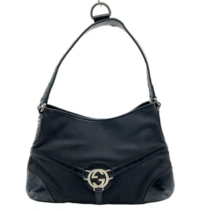 Auth Gucci Interlocking G Canvas x Leather Black 114877 Shoulder Bag NS071271 - Picture 1 of 20