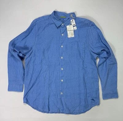 Tommy Bahama 海玻璃微风亚麻长袖衬衫男式 XL 蓝色那边全新带标签 — 第 1/4 张图片
