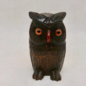 Antique Ink Well Carved OWL Glass Eyes Bakelite Beak Black Forest - Picture 1 of 14