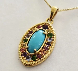 Designer D'JOY Sterling Silver .925 Gold Plated Turquoise Gemstone Pendant Chain - Picture 1 of 7