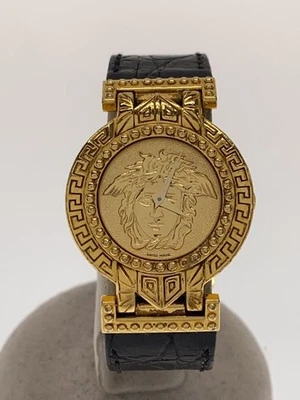 GIANNI VERSACE Medusa Moneda Cuarzo Analógico Oro Cuero Reloj Como Nuevo JAPÓN Foto 1 de 4