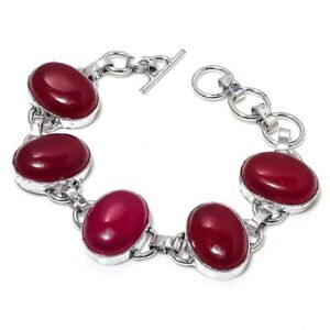 Kashmir Red Ruby Gemstone Handmade Silver Plated Jewelry Bracelet 7-8" BB6