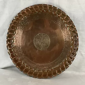 ANTIQUE HEAVY COPPER ROUND TRAY ARTS CRAFTS VINTAGE RELIGIOUS PLATTER DOVES CATS - Picture 1 of 12