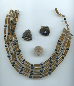 Vintage Germany Multi Strand Black Brown Necklace Glass Bead Earrings N965 - Picture 1 of 1