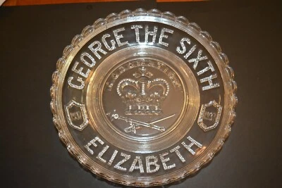 1937 EAPG Press Glass Bread Plate George the Sixth Coronation Elizabeth Vintage - Image 1 of 4