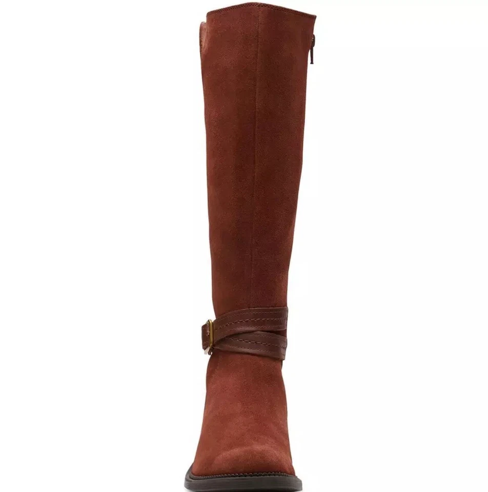 Clarks Women's Maye Shine Knee High Boot Dark Tan Suede 6.5