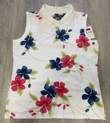 Camisa Polo Top Vintage La Cabana Talla L Floral Cuello Sin Mangas Algodón Crucero Foto 1 de 4