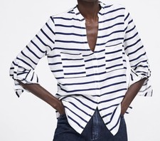 ZARA Womens Linen Top Blouse XS White Navy Blue Striped Button Front