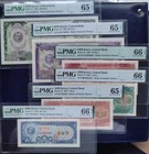 Korea 1959 notes 100 50 10 5 1 won and 50 cheon pmg 65 and pmg 66 graded baknote