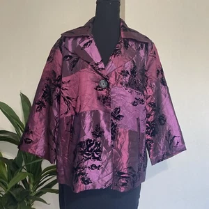 Susan Graver Style Blazer Sz L Purple One Button Velvet Floral Print Shimmer - Picture 1 of 13