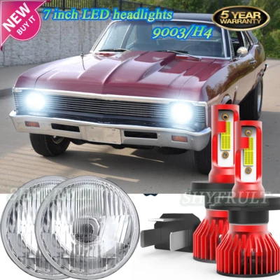 FIT Chevrolet Nova 1969-1979 Pair 7 inch LED Headlights DOT Approved Hi-Lo Lamp Foto 1 de 4