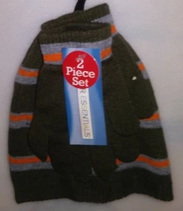 WINTER ESSENTIALS GIRLS 1 SZ 2 PC SET 1 SOMBRERO 1 PR GUANTES OD VERDE W / RAYAS A-21 - Imagen 1 de 2