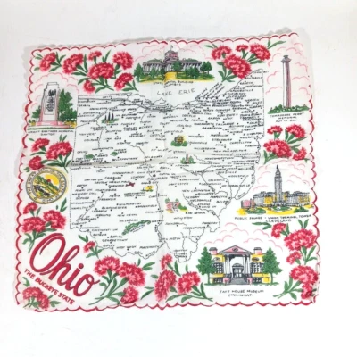 Mapa del Estado de Ohio Vintage Pañuelo Símbolos Borde Festoneado Rojo Foto 1 de 4