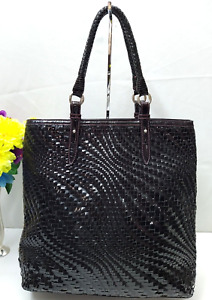 Cole Haan Genevieve Dark Plum Patent Leather Woven Large Tote Shoulder Bag Purse