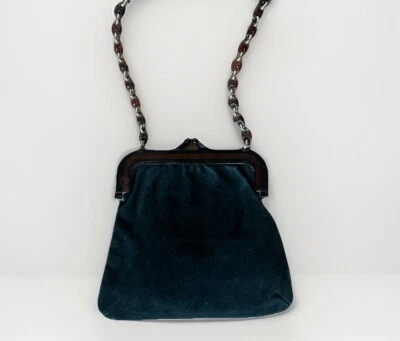 Vintage 60s Black Suede Leather Shoulder Handbag Bag Purse Lucite Chain Handle - Image 1 of 4