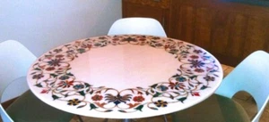 30" White Marble Table Top Center Coffee Inlay Work Multi Semi Stones Handmade - Picture 1 of 4