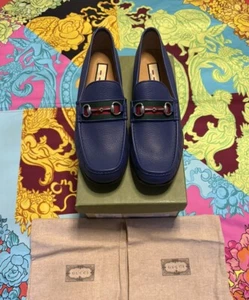 NEW Gucci Loafers Blue Leather Horsebit Web Strap Kefar Calf $920 G 15 US 15.5 - Picture 1 of 8
