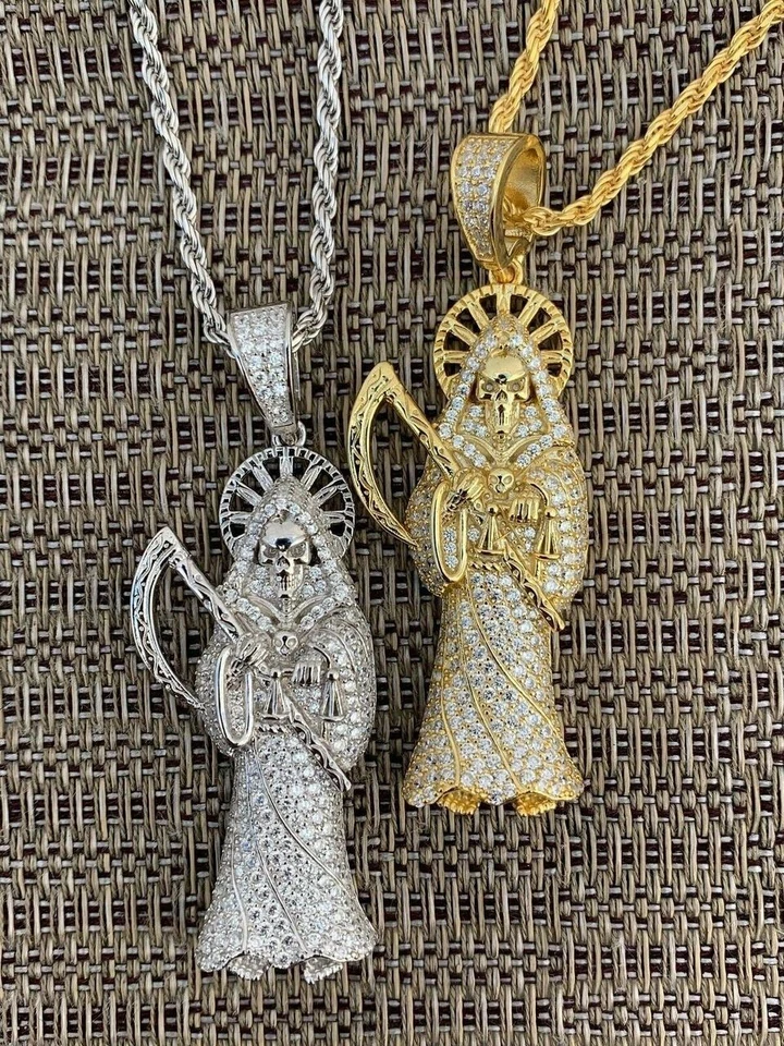 Colgante de la muerte de Santa Muerte Parca enchapado en oro 925 sólido circonita cúbica Foto 1 de 4